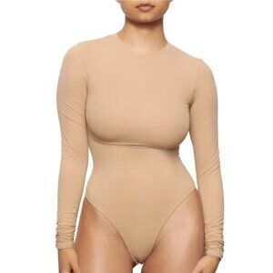 Skims Fits Everybody Long Sleeve Thong Bodysuit in Nude Clay Women’s Small